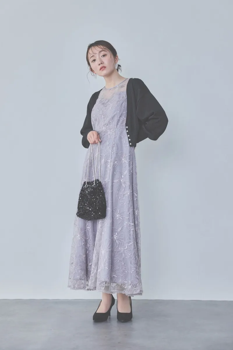 ラベンダーのビオラモチーフ刺繍ドレス　M/AIMER