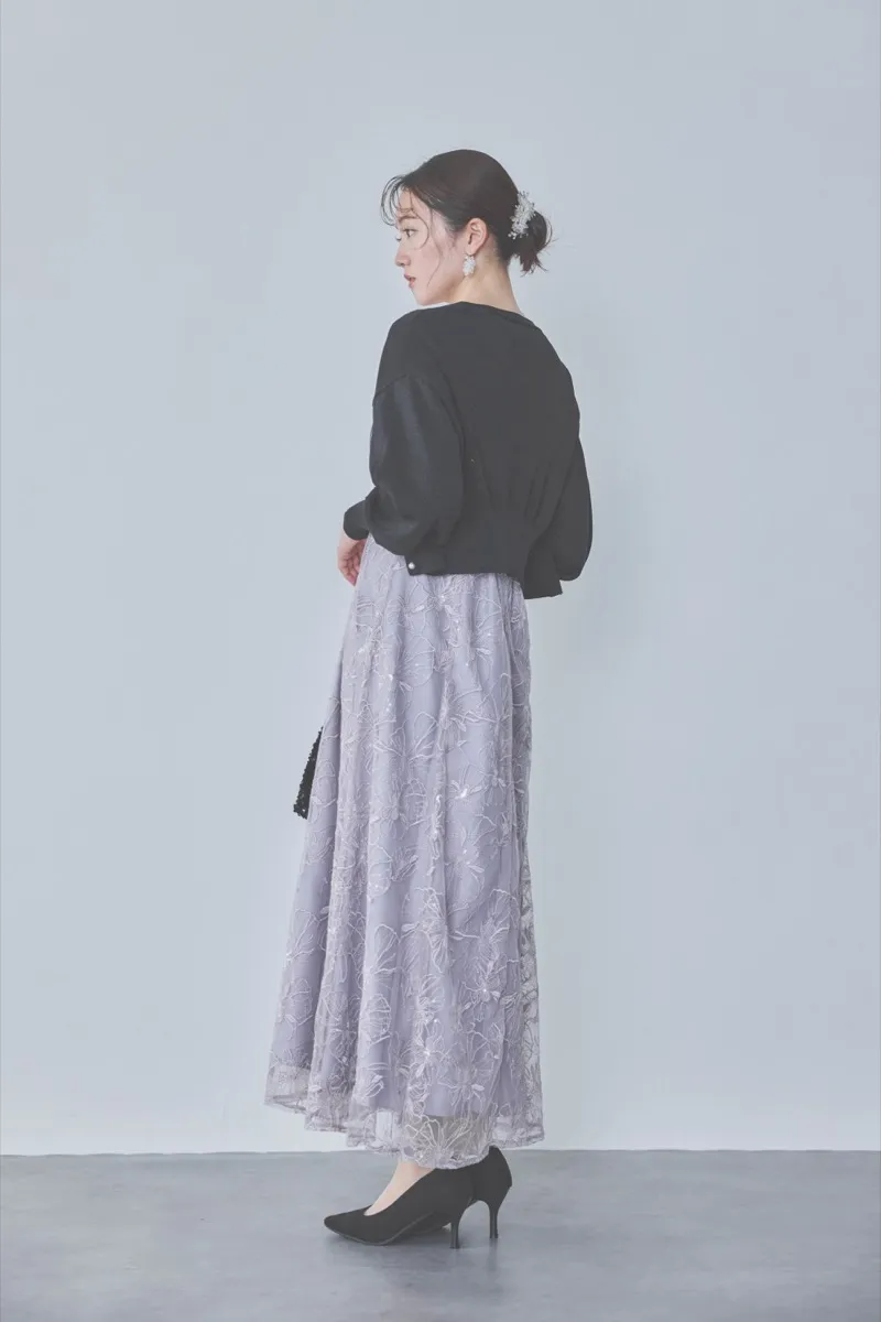 ラベンダーのビオラモチーフ刺繍ドレス　M/AIMER