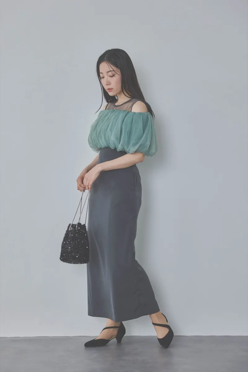 チャコールグレーのオフショルボレロIラインドレス　M/LAGUNAMOON