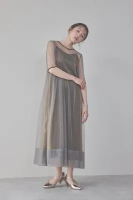 ブラウンのチュール×シャンブレードレス　M/kaene