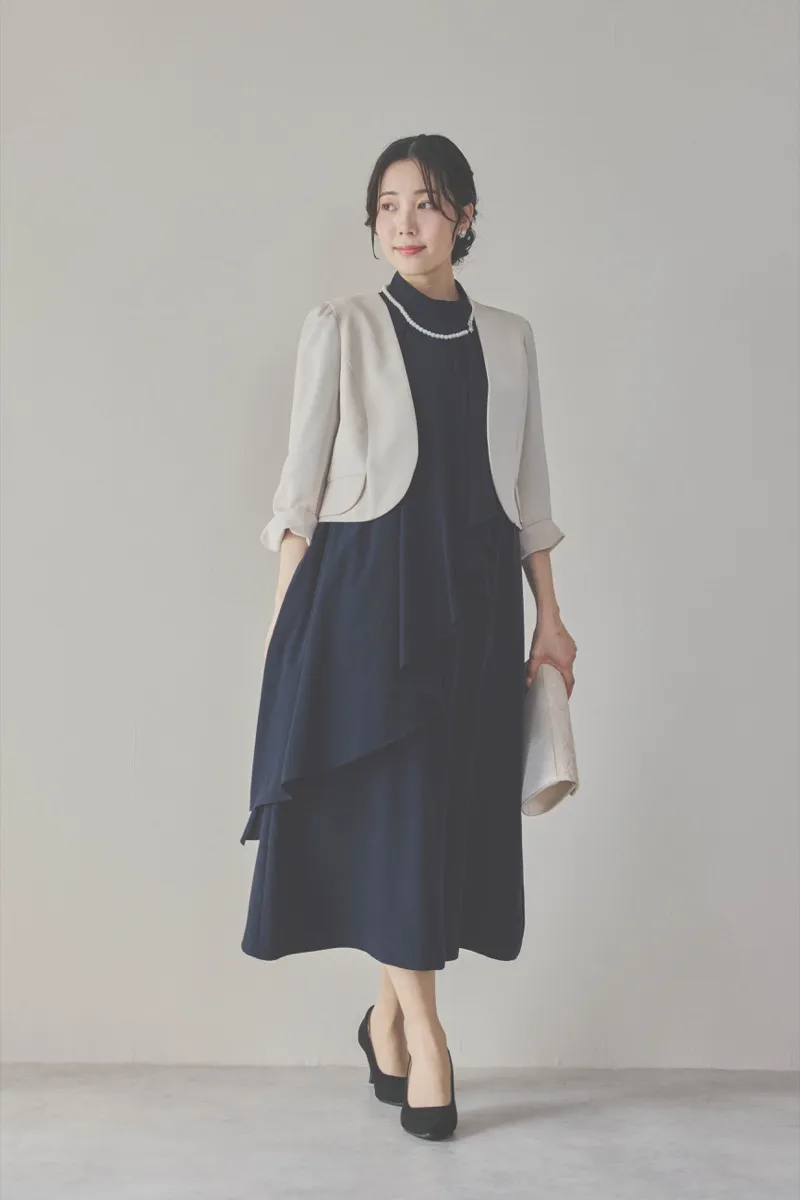 ネイビーのフロントドレープ前開きドレス L〜LL/PREFERENCE[店頭販売価格 42,900円