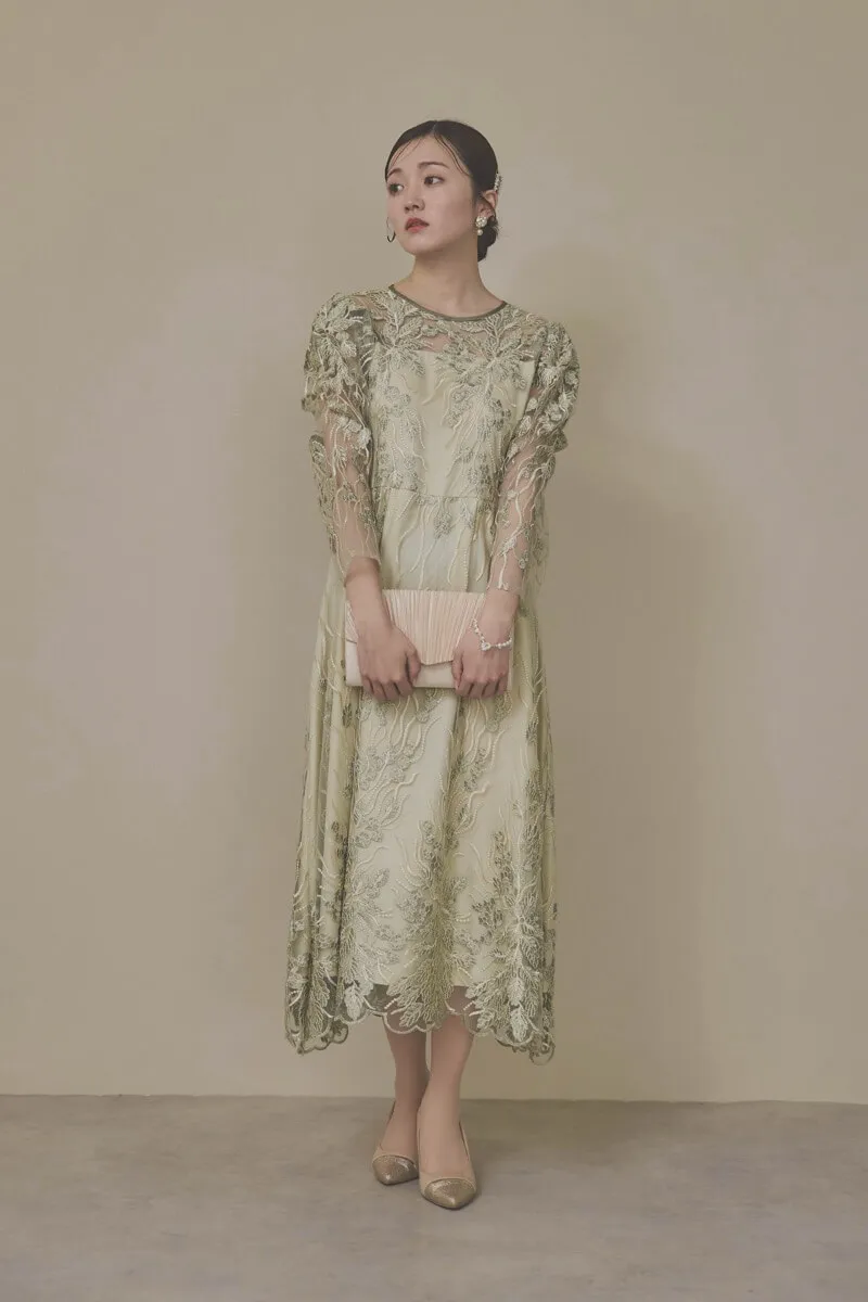 カーキのボリュームスリーブ刺繍ドレス　LL/Select Shop