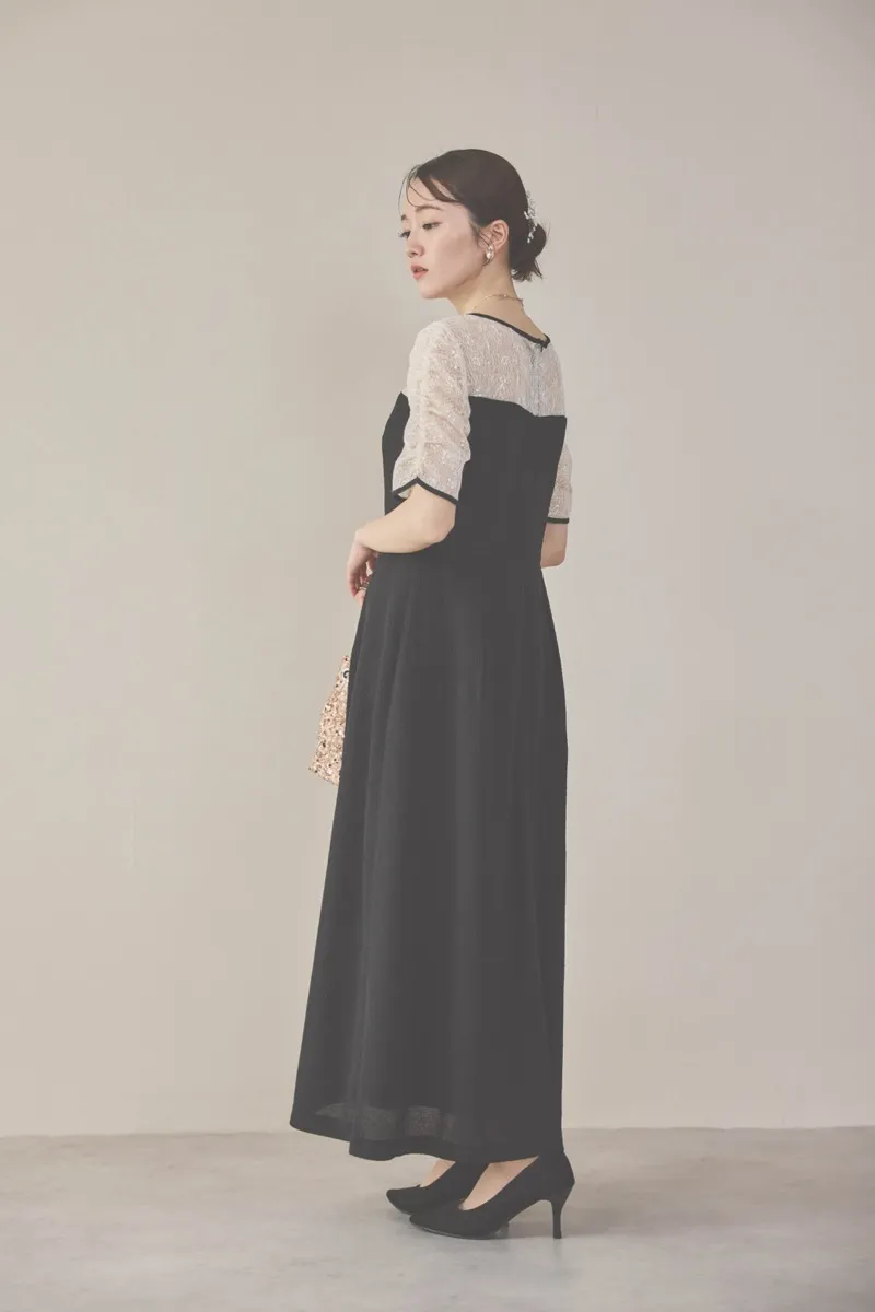 ブラックのレースコンビカットプリーツドレス　M〜L/kaene