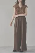 ブラウンのチュールフリルオールインワンドレス M〜L/AIMER