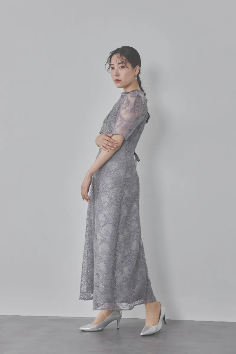 グレーのシャイニーエンブロイダリードレス　M〜L/kaene