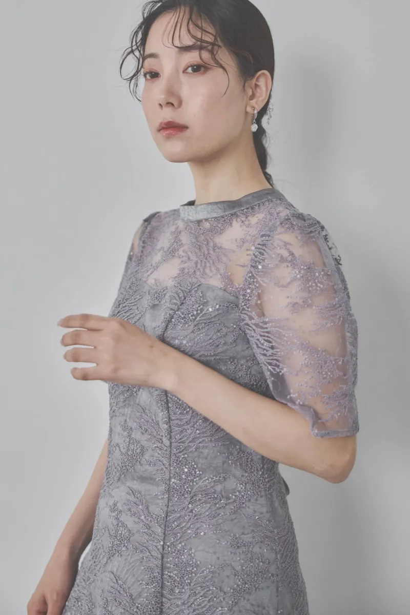 グレーのシャイニーエンブロイダリードレス　M〜L/kaene