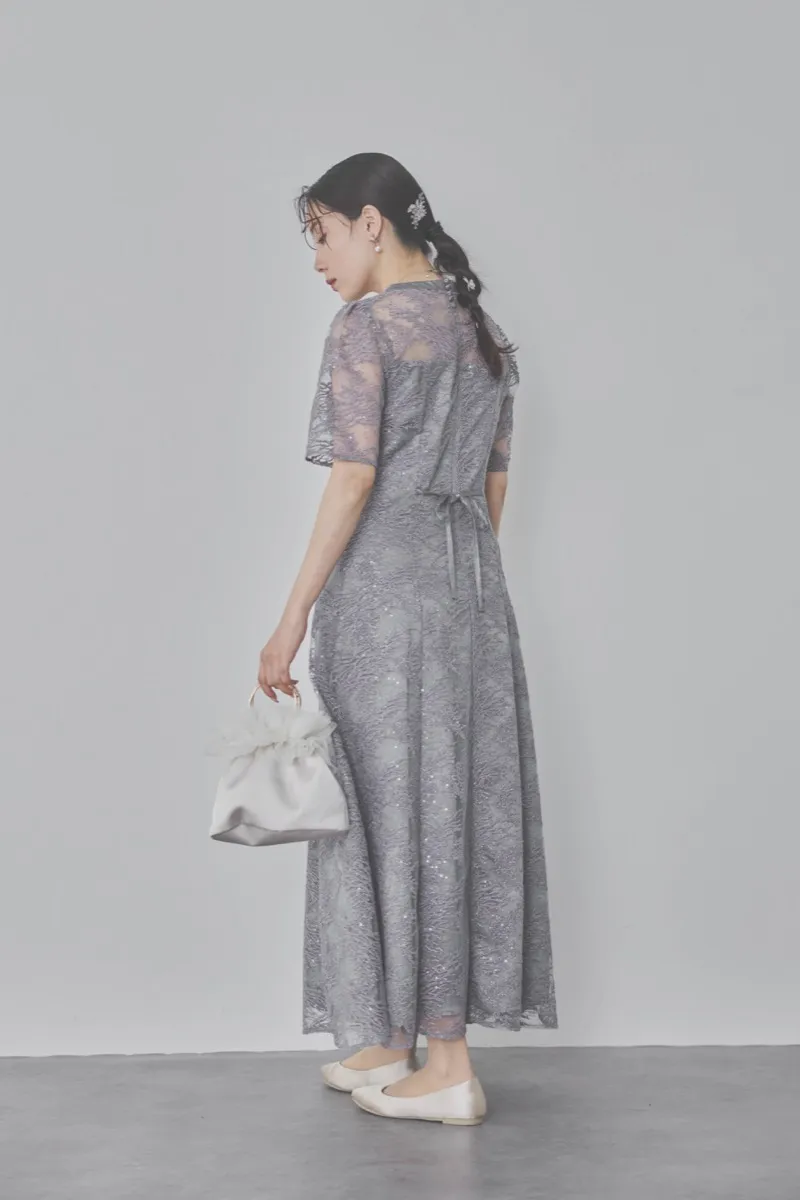 グレーのシャイニーエンブロイダリードレス　M〜L/kaene