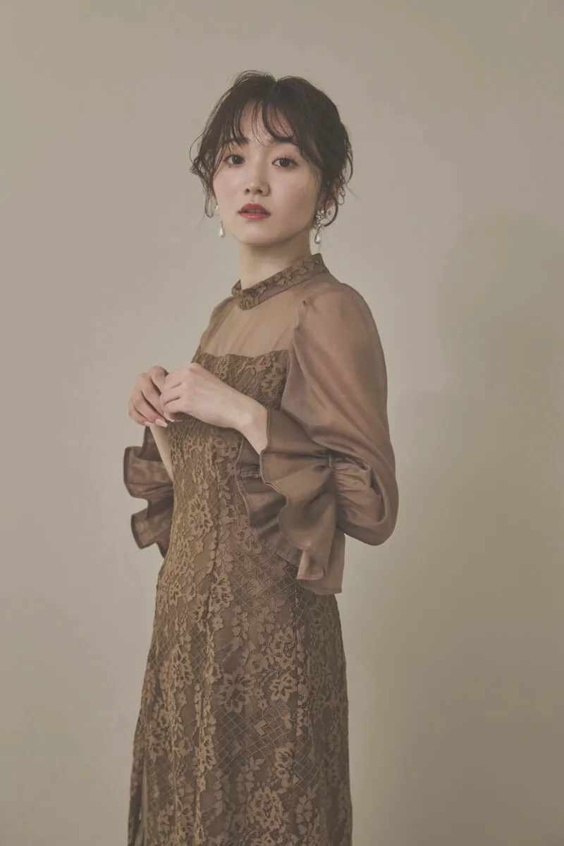 モカのシャーリングスリーブ花柄レースドレス　M/Select Shop