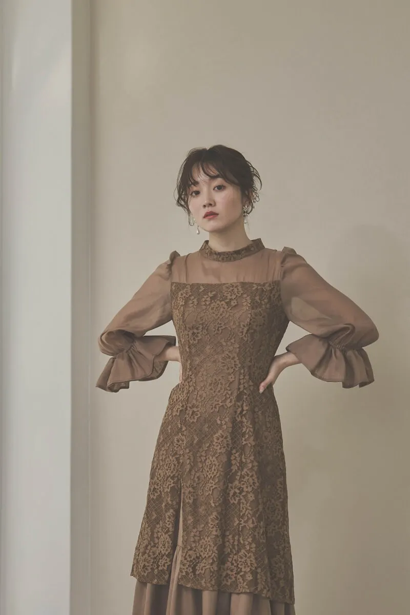モカのシャーリングスリーブ花柄レースドレス　M/Select Shop