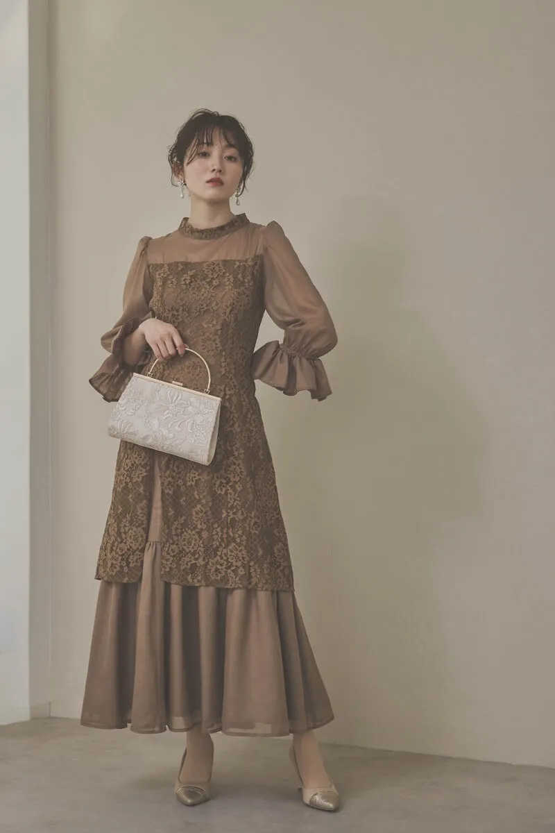 モカのシャーリングスリーブ花柄レースドレス　M/Select Shop