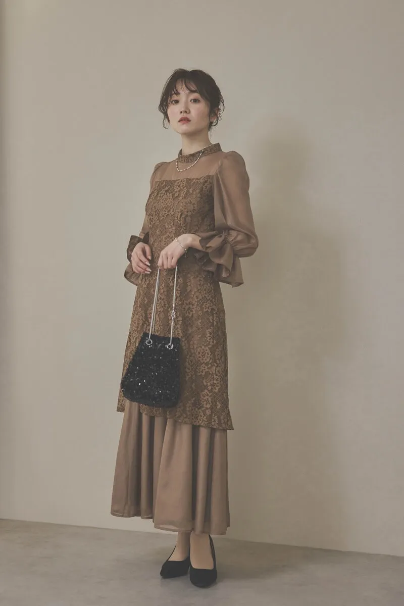モカのシャーリングスリーブ花柄レースドレス　M/Select Shop