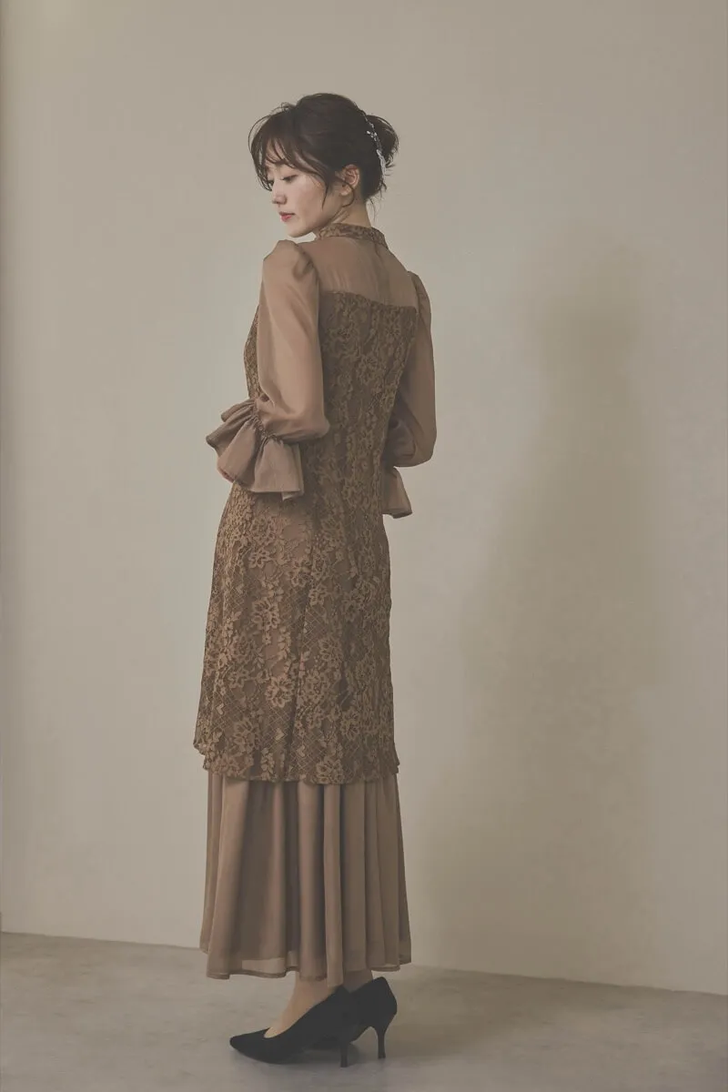 モカのシャーリングスリーブ花柄レースドレス　M/Select Shop
