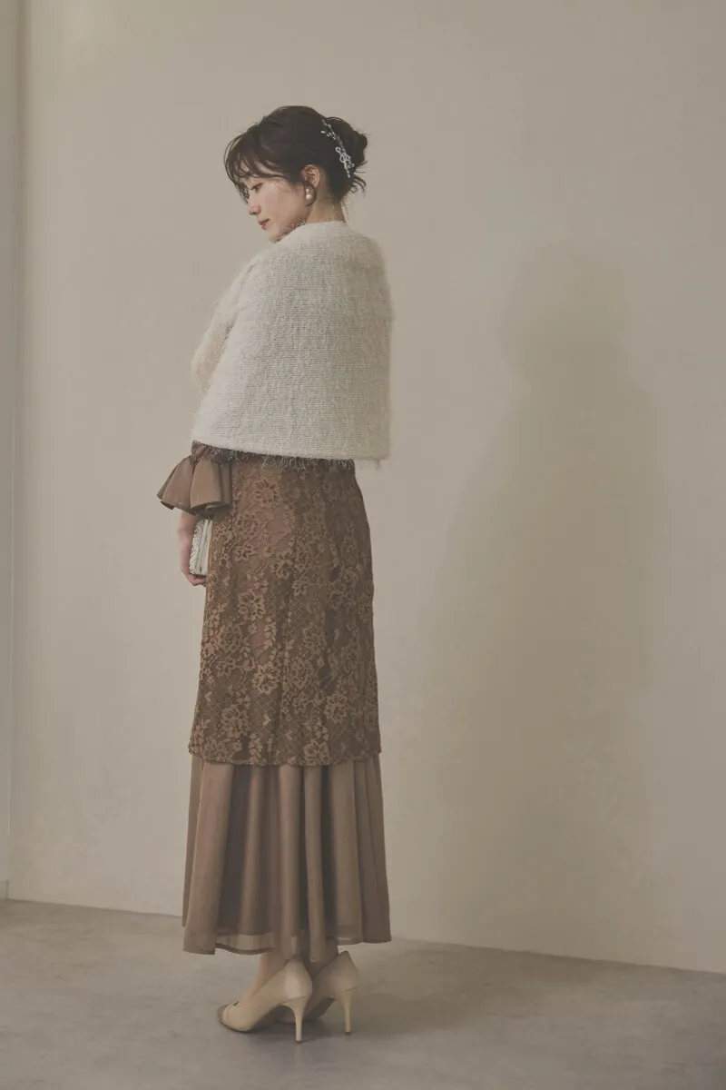 モカのシャーリングスリーブ花柄レースドレス　M/Select Shop