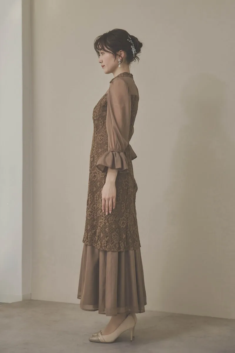 モカのシャーリングスリーブ花柄レースドレス　M/Select Shop