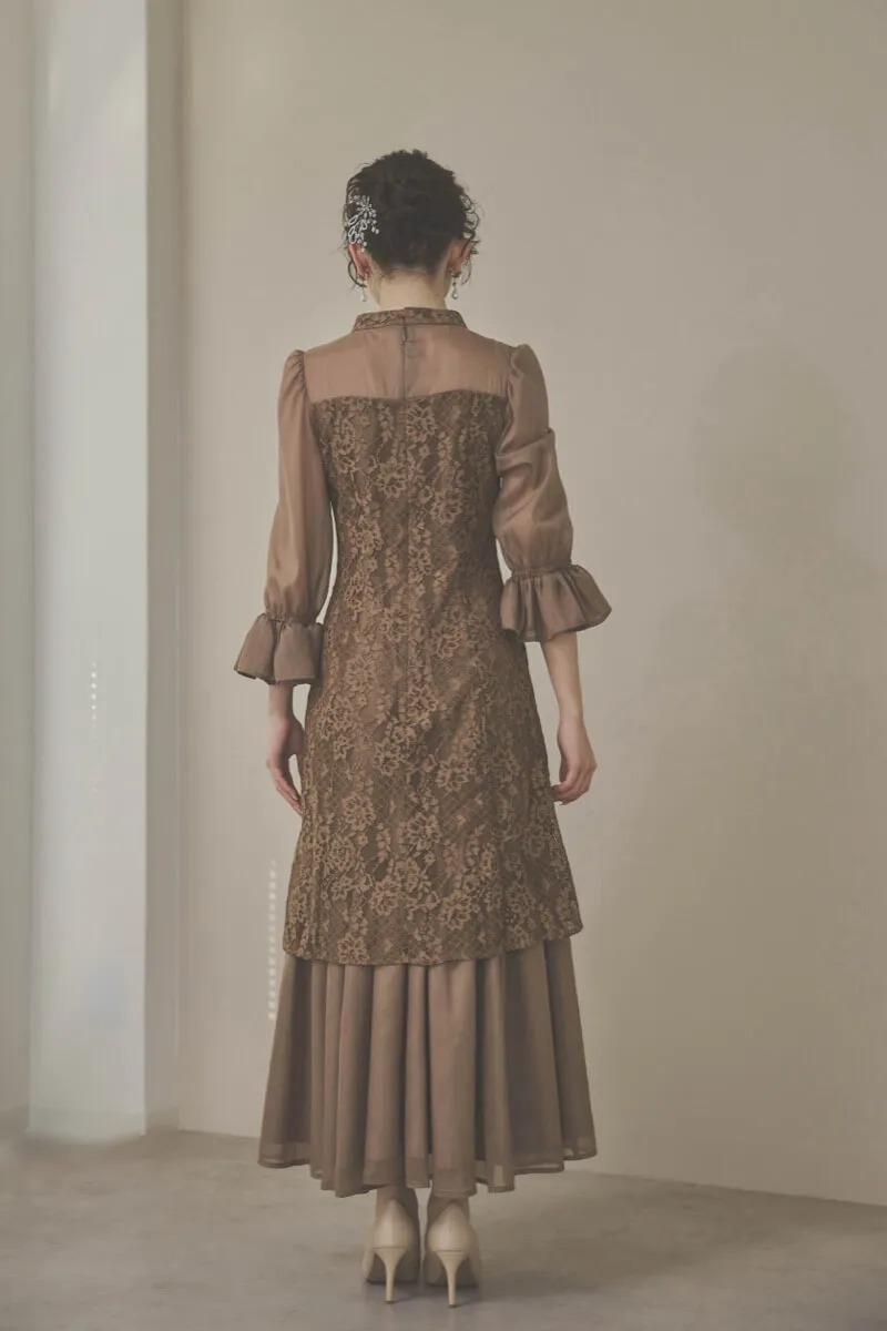 モカのシャーリングスリーブ花柄レースドレス　M/Select Shop