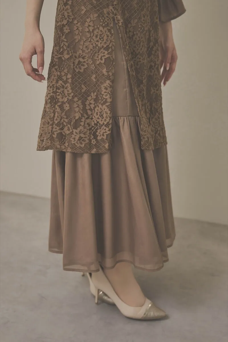 モカのシャーリングスリーブ花柄レースドレス　M/Select Shop