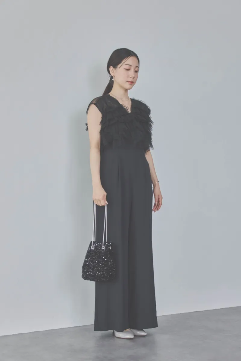 ブラックのチュールフリルオールインワンドレス　S〜M/AIMER