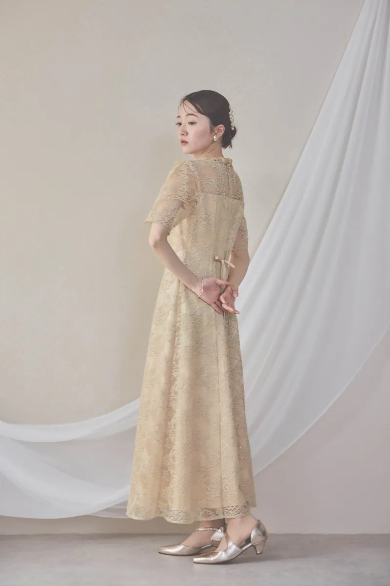 イエローのシャイニーエンブロイダリードレス M〜L/kaene