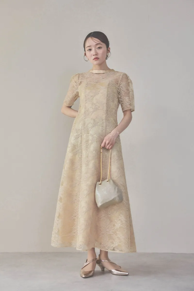 イエローのシャイニーエンブロイダリードレス M〜L/kaene