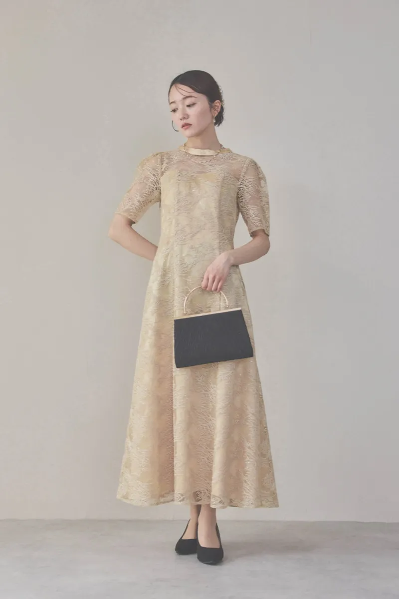 イエローのシャイニーエンブロイダリードレス M〜L/kaene