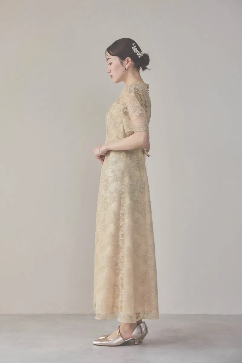 イエローのシャイニーエンブロイダリードレス M〜L/kaene