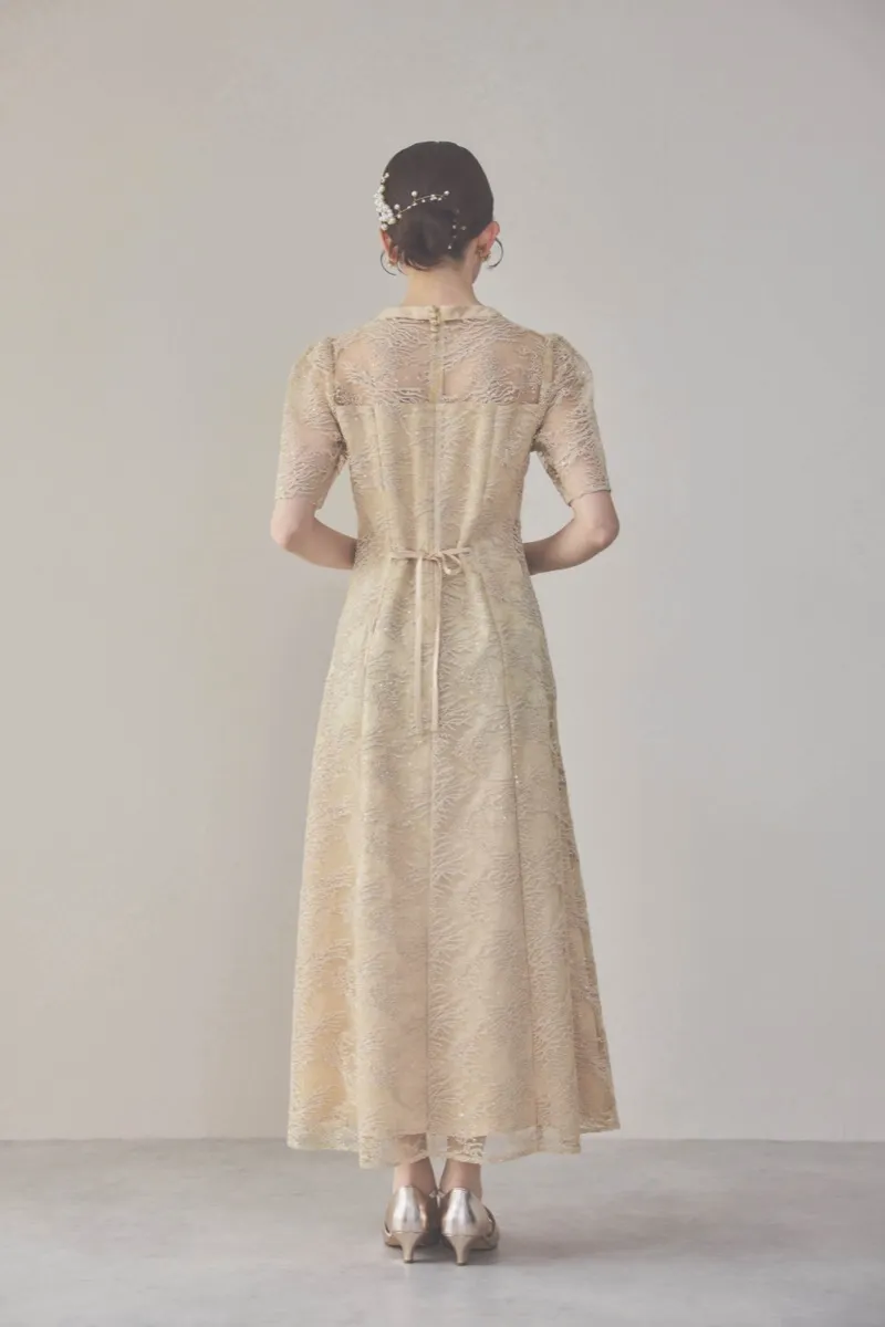 イエローのシャイニーエンブロイダリードレス M〜L/kaene