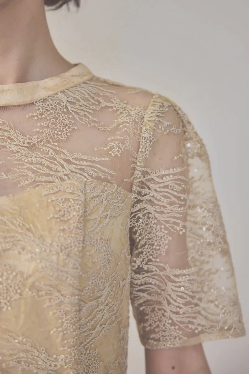 イエローのシャイニーエンブロイダリードレス M〜L/kaene