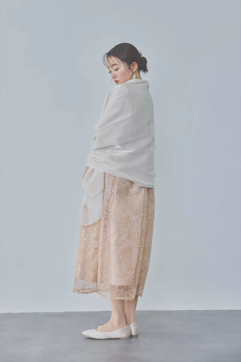ベージュのボリュームスリーブスパンコールドレス　M/Select Shop