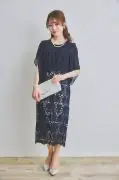 ネイビーのシフォンレースIラインドレス