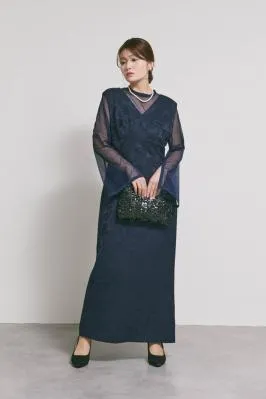 ネイビーのジャガードIラインドレス　M/AIMER