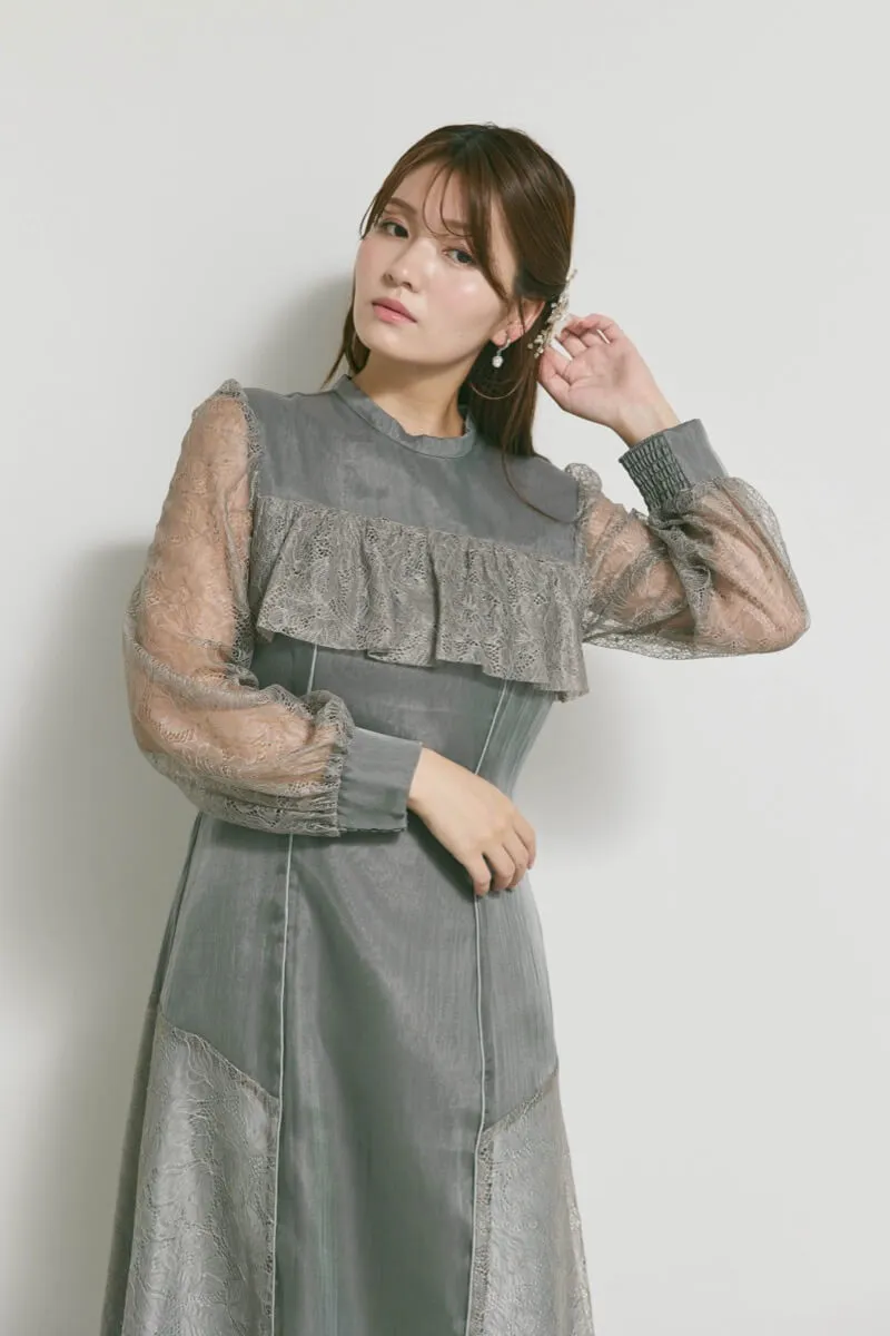 チャコールのシアーレースコンビネーションドレス　M/Select Shop