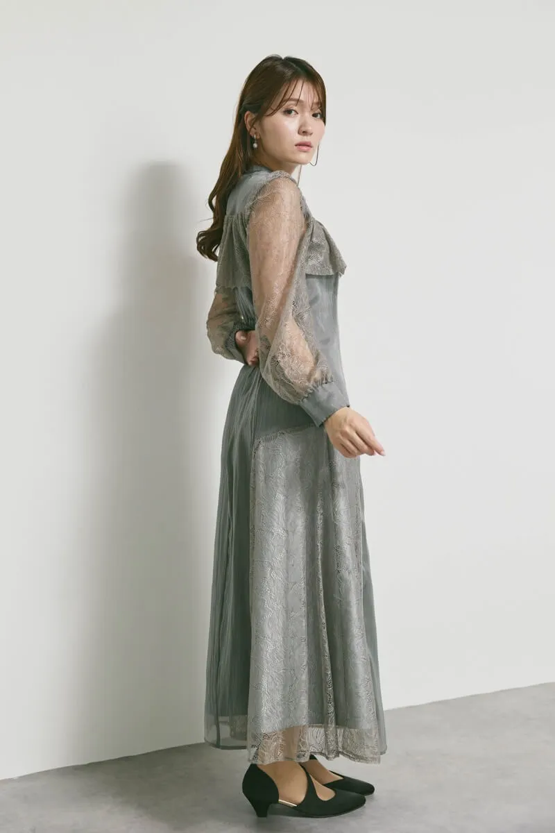 チャコールのシアーレースコンビネーションドレス　M/Select Shop