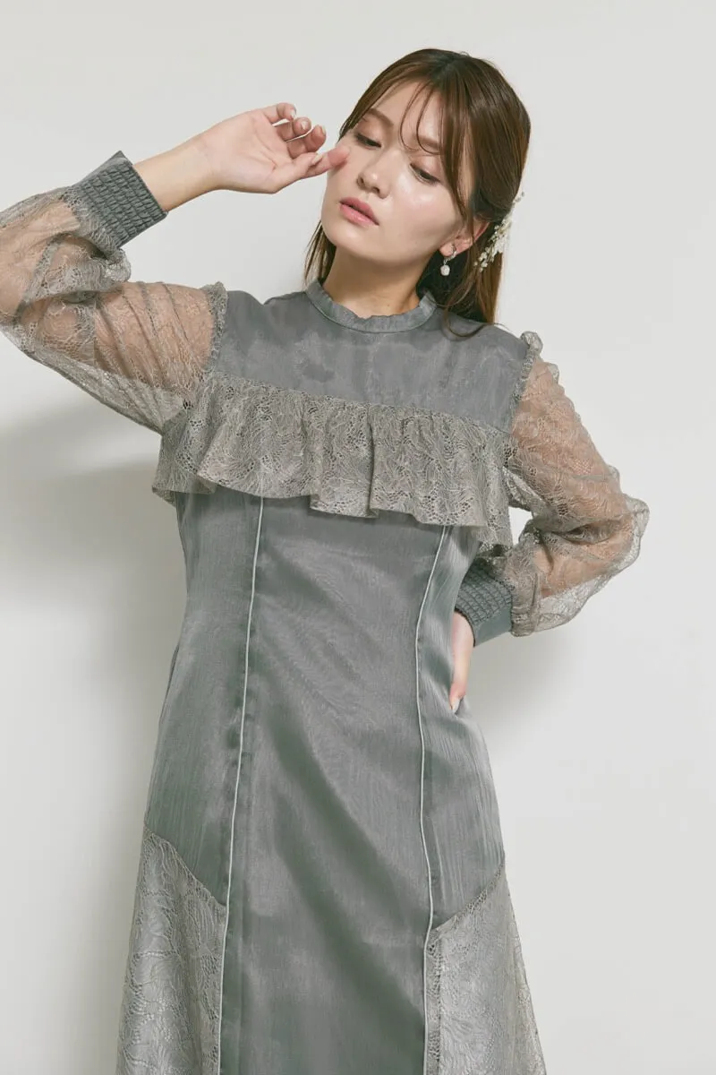 チャコールのシアーレースコンビネーションドレス　M/Select Shop