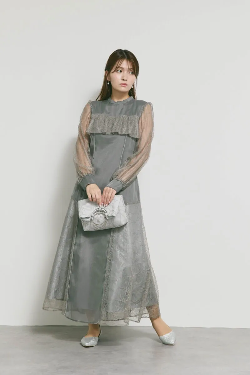 チャコールのシアーレースコンビネーションドレス　M/Select Shop