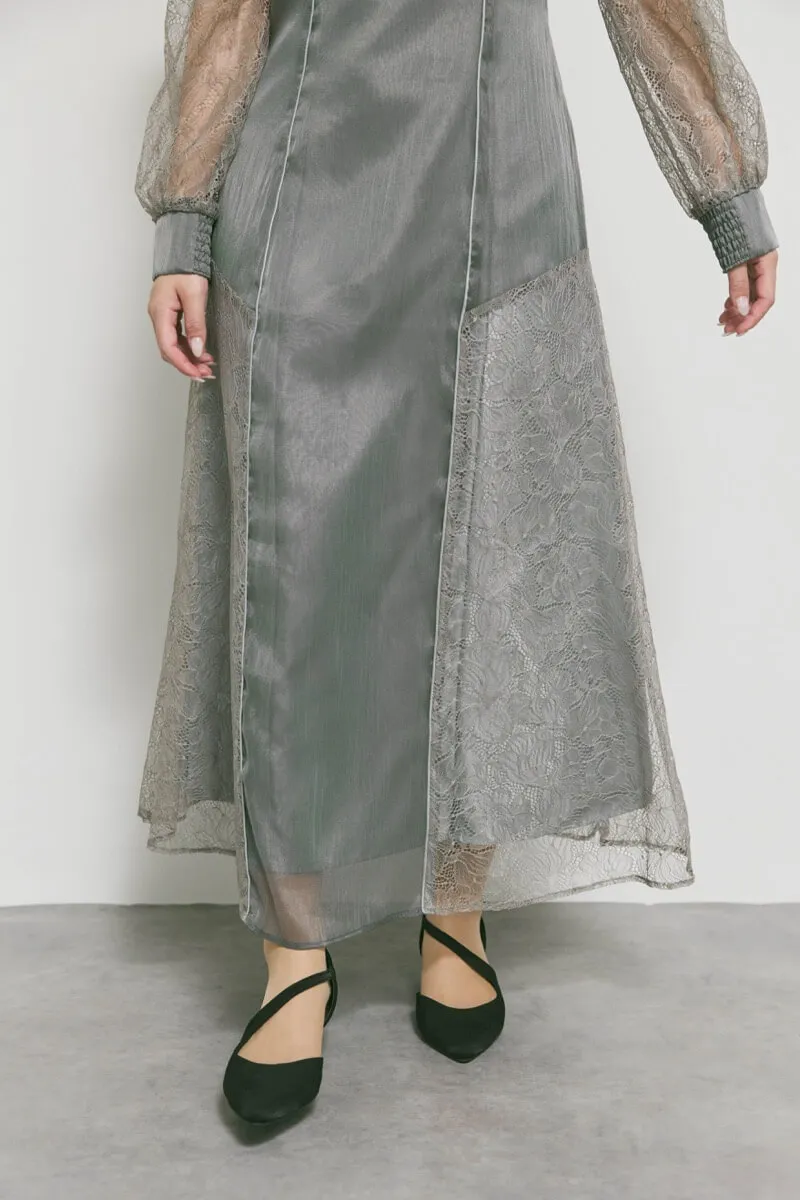 チャコールのシアーレースコンビネーションドレス　M/Select Shop