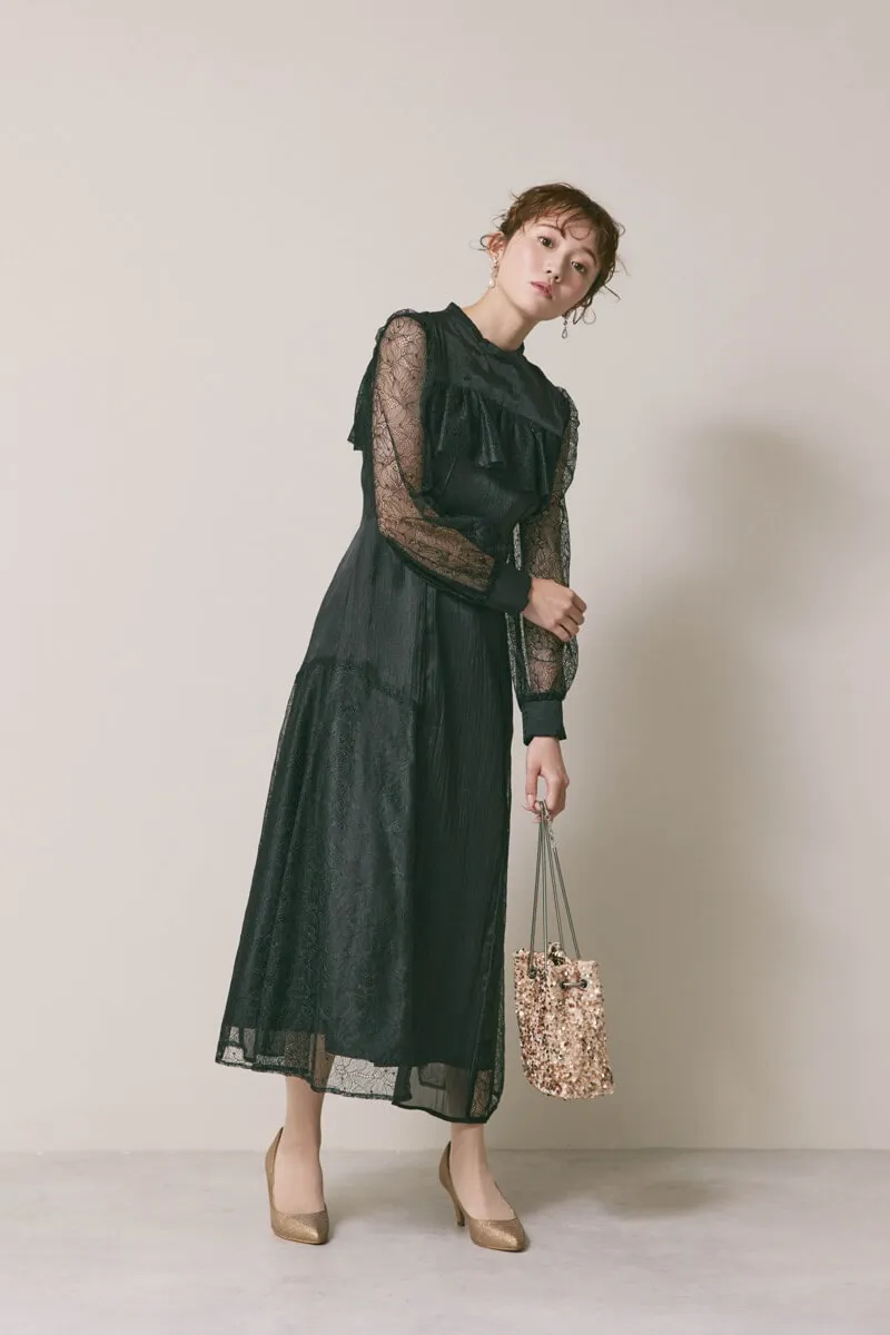 ブラックのシアーレースコンビネーションドレス　M/Select Shop
