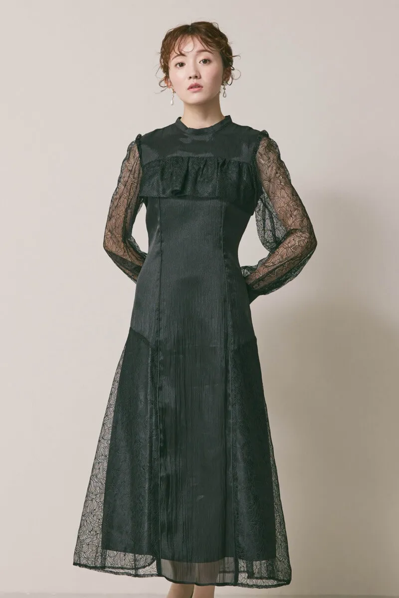 ブラックのシアーレースコンビネーションドレス　M/Select Shop