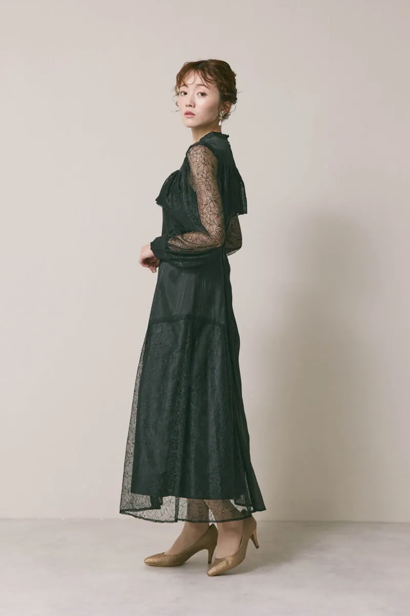 ブラックのシアーレースコンビネーションドレス　M/Select Shop