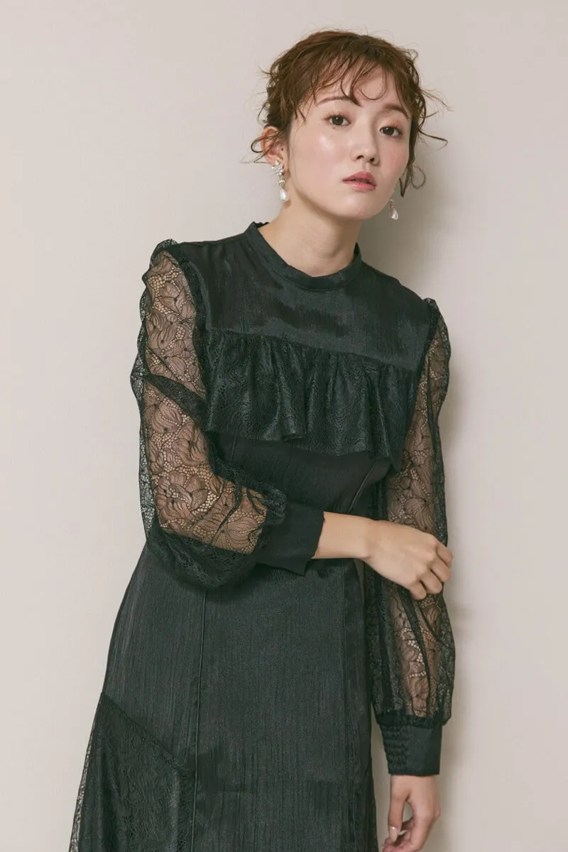 ブラックのシアーレースコンビネーションドレス　M/Select Shop