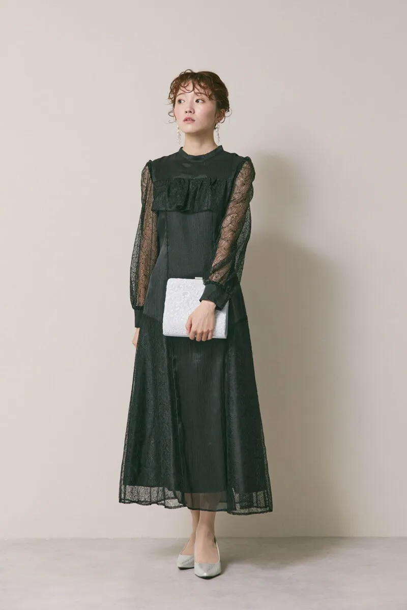 ブラックのシアーレースコンビネーションドレス　M/Select Shop