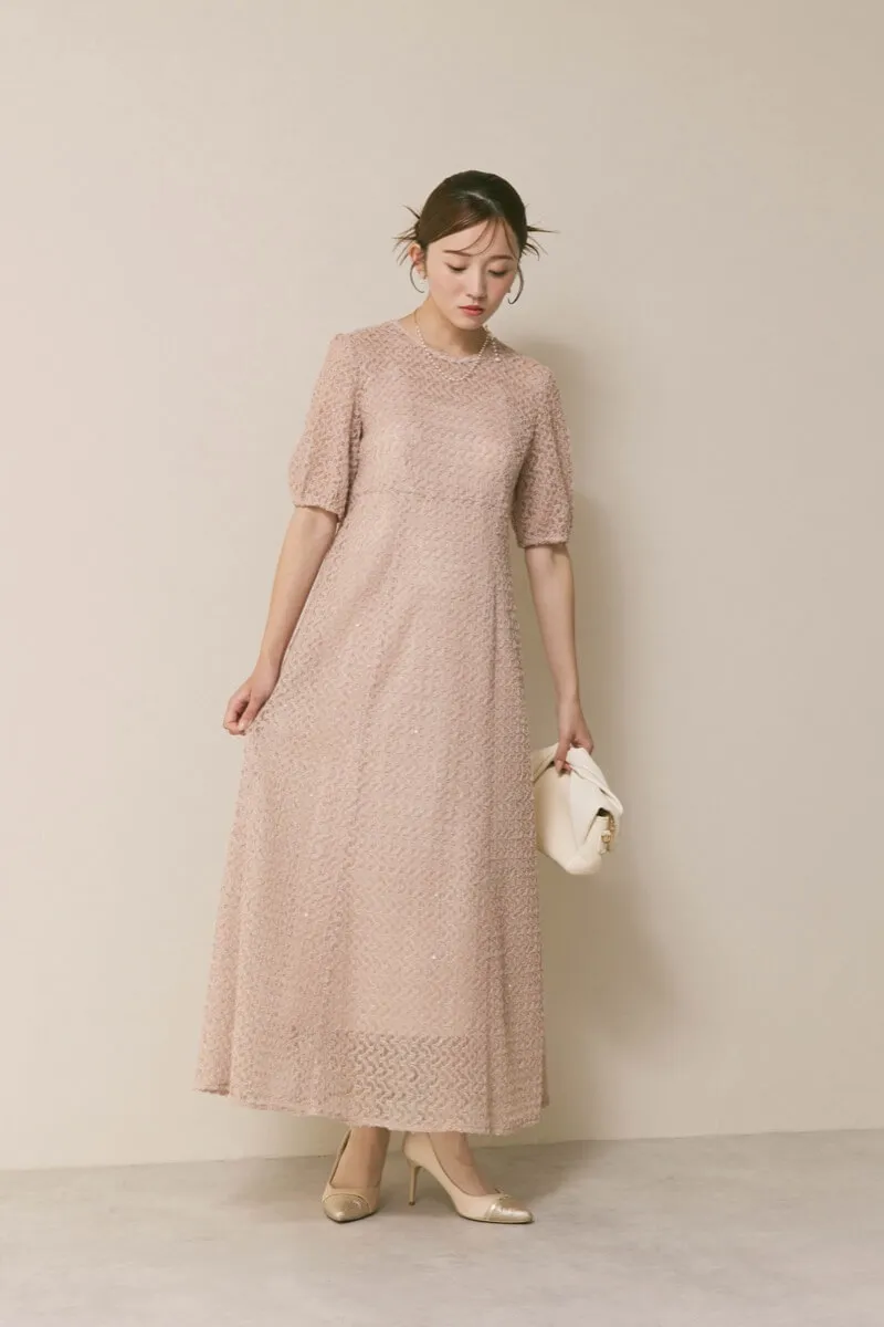 ベージュのスパンコールレースドレス　M/kaene