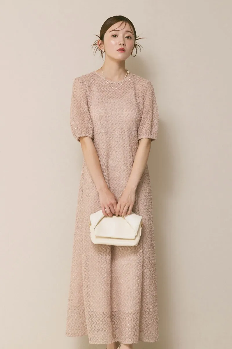 ベージュのスパンコールレースドレス　M/kaene