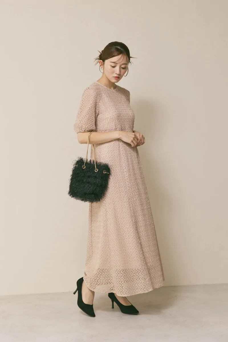 ベージュのスパンコールレースドレス　M/kaene