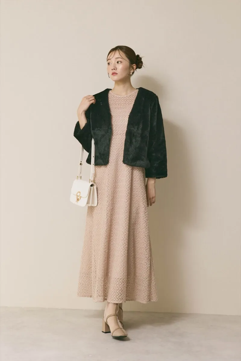 ベージュのスパンコールレースドレス　M/kaene