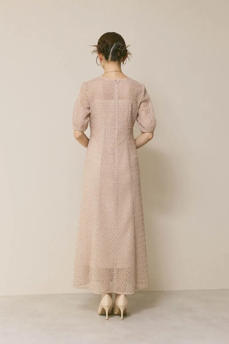 ベージュのスパンコールレースドレス　M/kaene