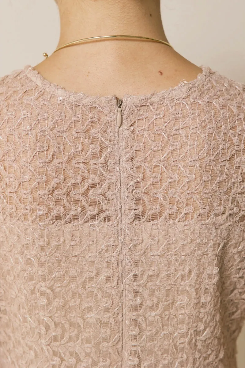 ベージュのスパンコールレースドレス　M/kaene