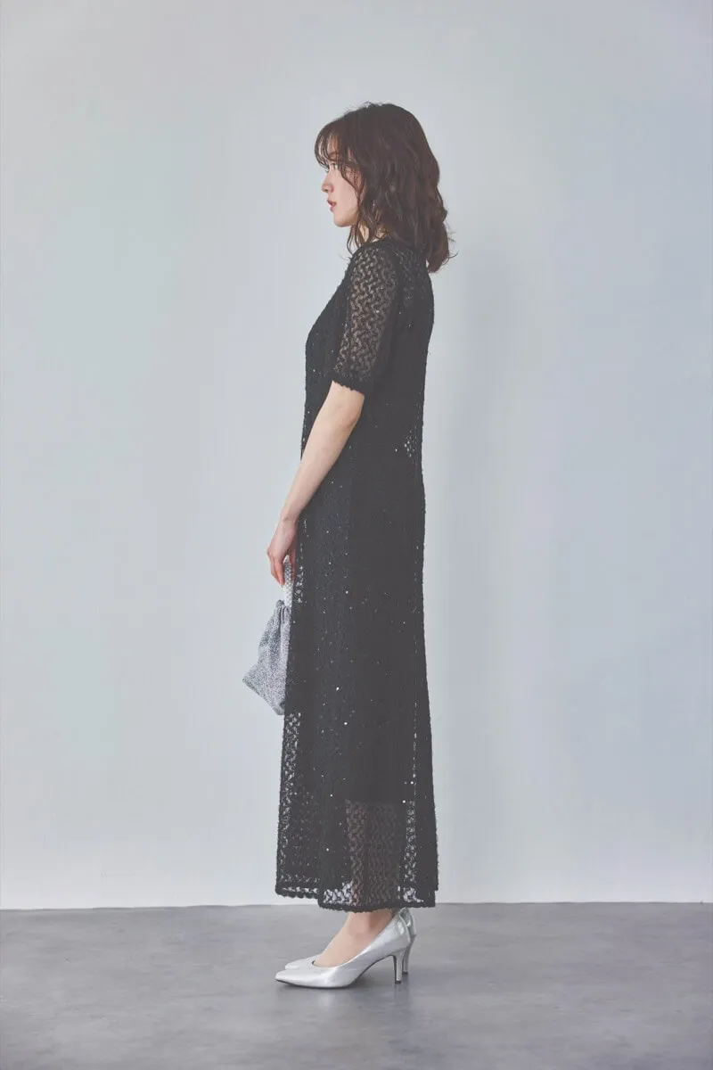 ブラックのスパンコールレースドレス　M/kaene