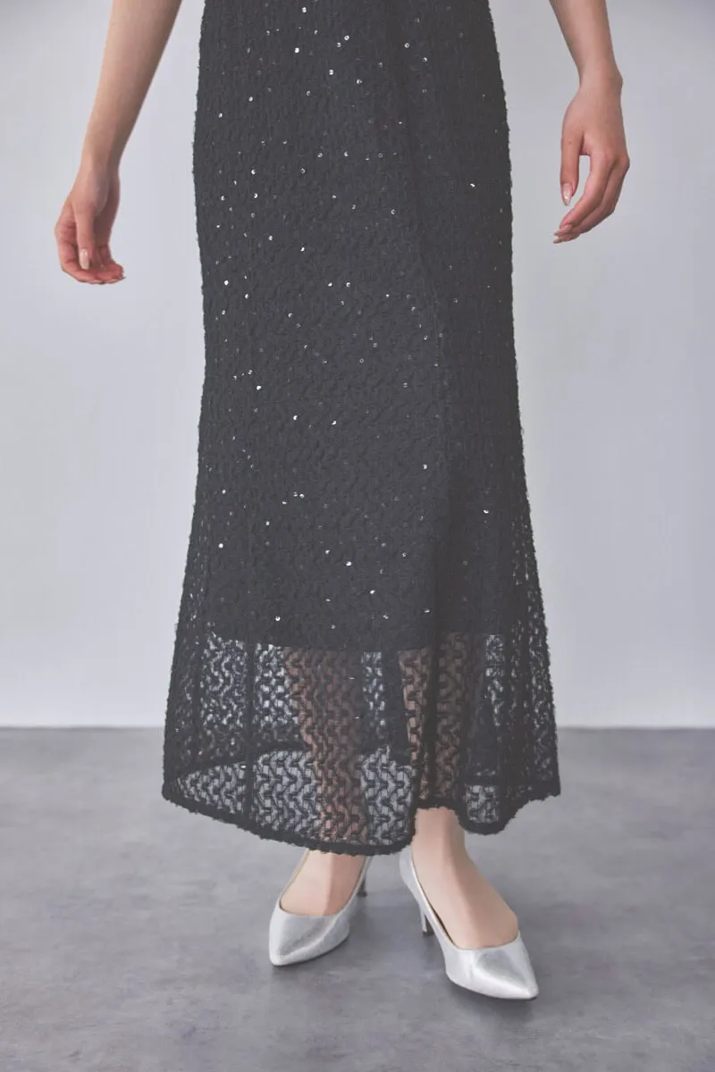 ブラックのスパンコールレースドレス　M/kaene