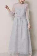 サックスのレースミックスチュールドレス M/kaene