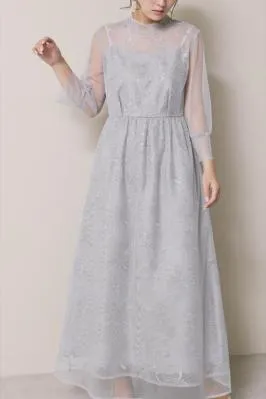 サックスのレースミックスチュールドレス　M/kaene